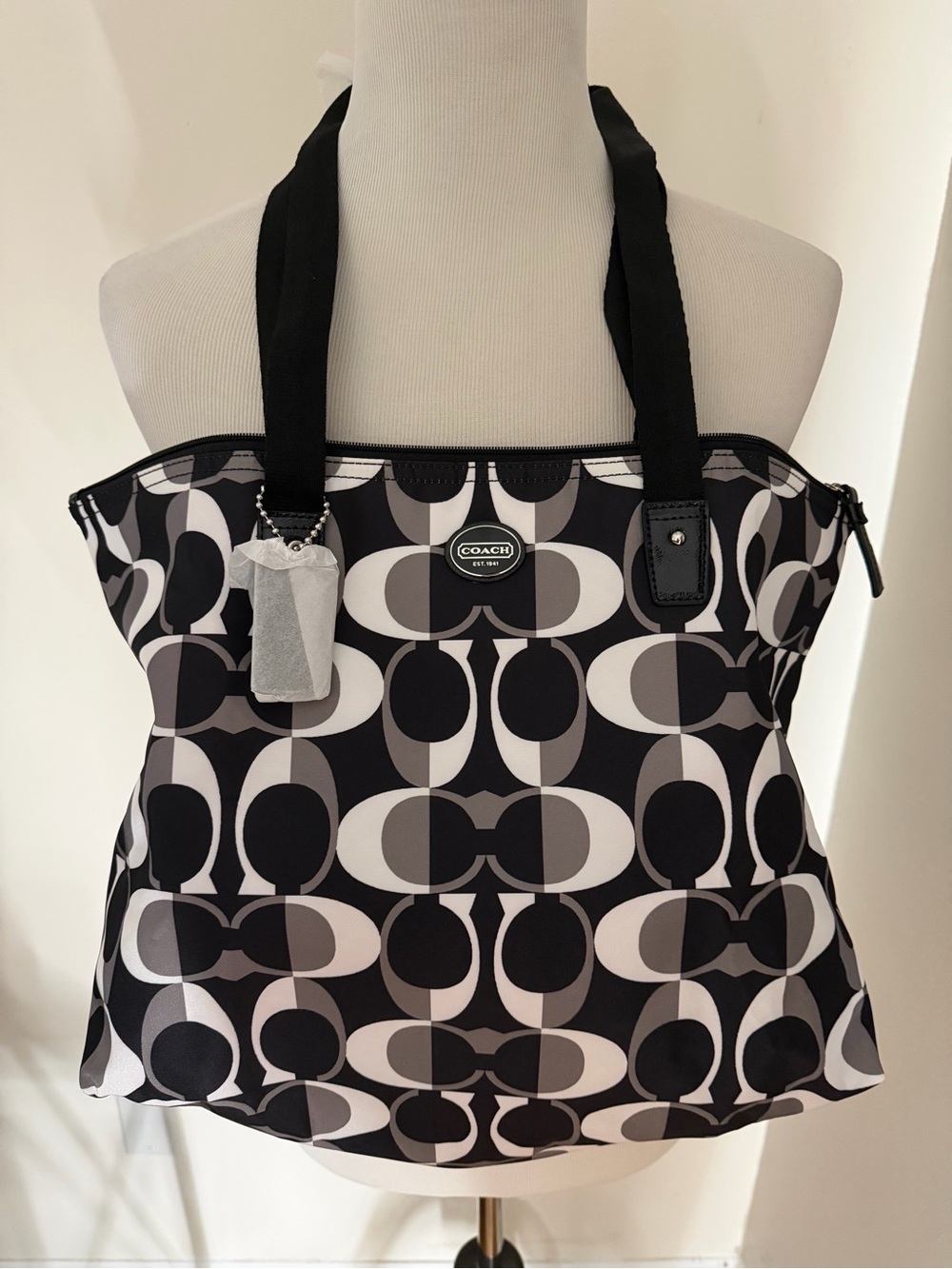 Coach Black, White & Gray Signature Pattern Tote with detachable makeup case!